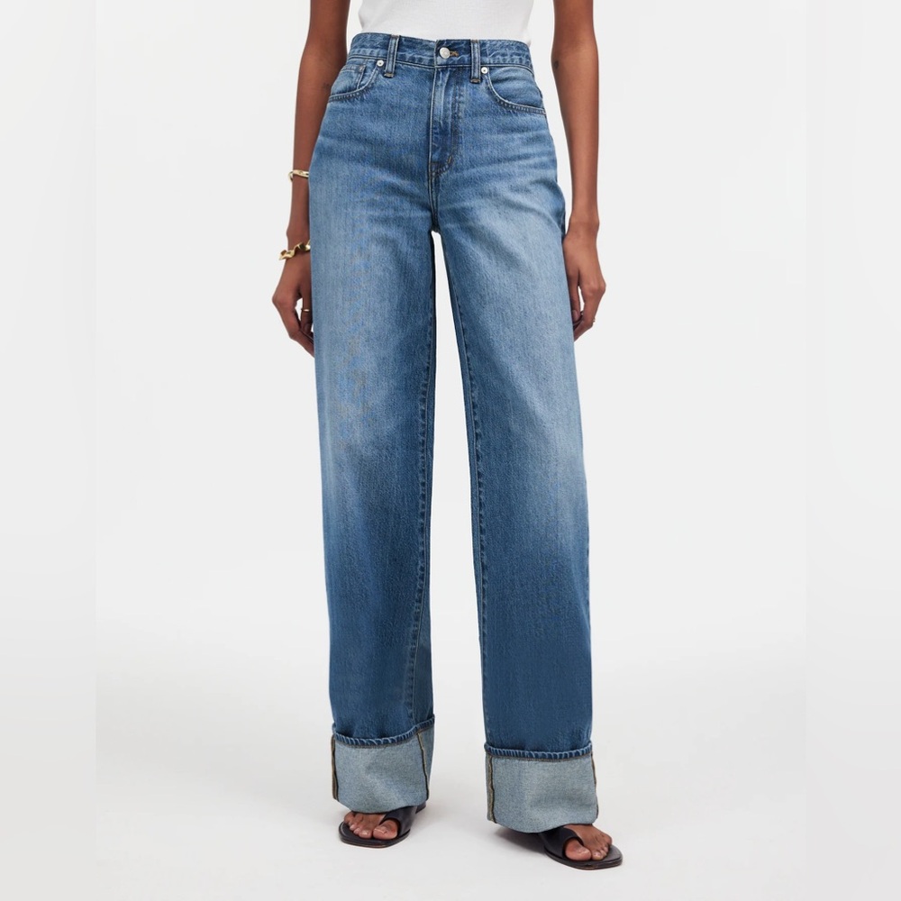 Madewell Super Wide Leg Jeans in Fannin Wash Cuffed Denim Size 26 $138 Retail
